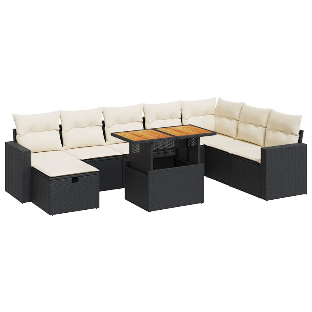 9 részes fekete polyrattan akácfa kerti ülőgarnitúra párnákkal