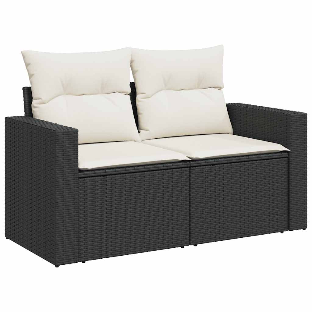 9 részes fekete polyrattan akácfa kerti ülőgarnitúra párnákkal