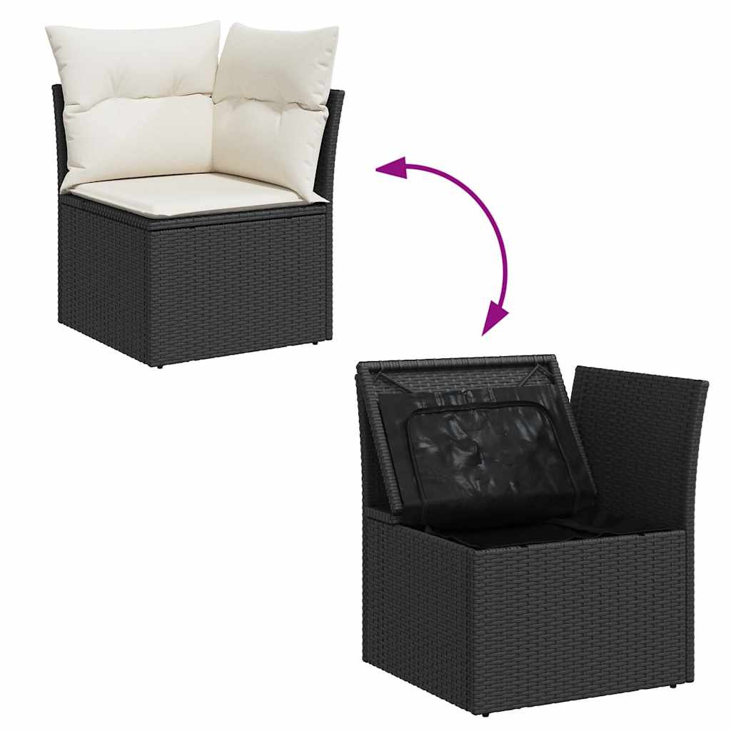 9 részes fekete polyrattan akácfa kerti ülőgarnitúra párnákkal