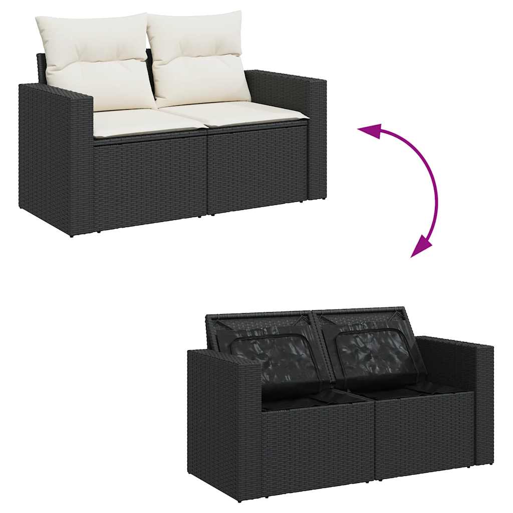 9 részes fekete polyrattan akácfa kerti ülőgarnitúra párnákkal