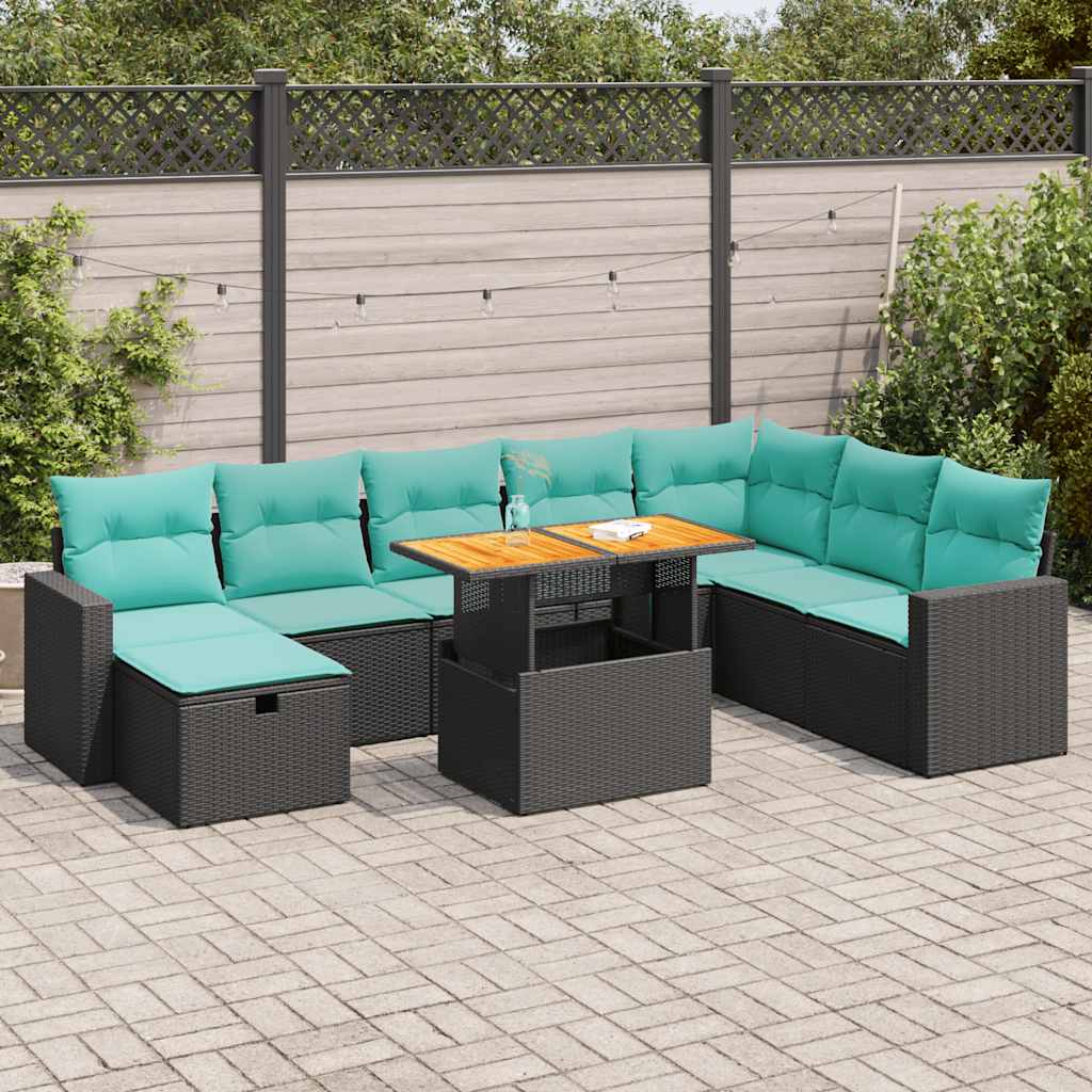9 részes fekete polyrattan akácfa kerti ülőgarnitúra párnákkal