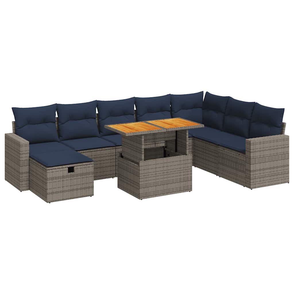 9 részes szürke polyrattan akácfa kerti ülőgarnitúra párnákkal