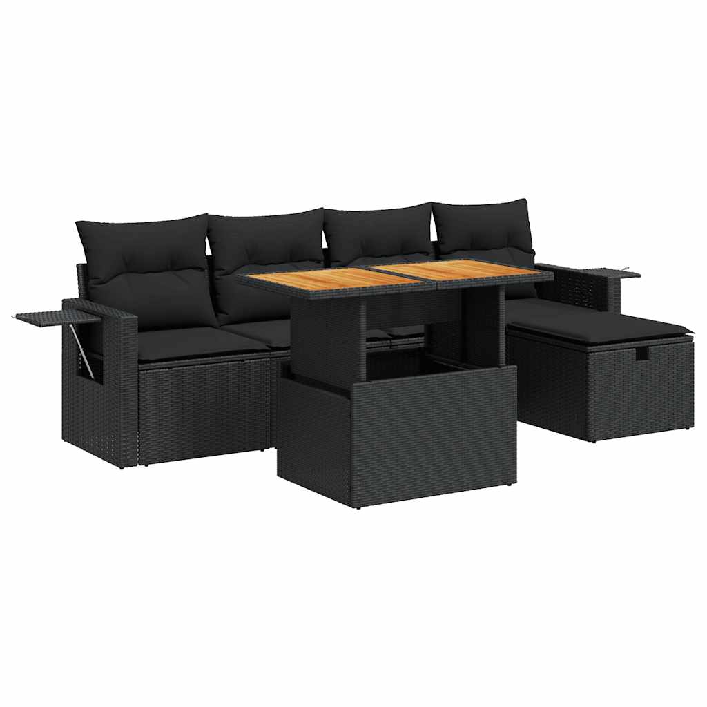 6 részes fekete polyrattan akácfa kerti ülőgarnitúra párnákkal