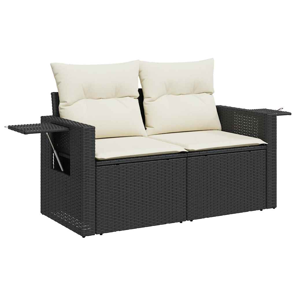 6 részes fekete polyrattan akácfa kerti ülőgarnitúra párnákkal