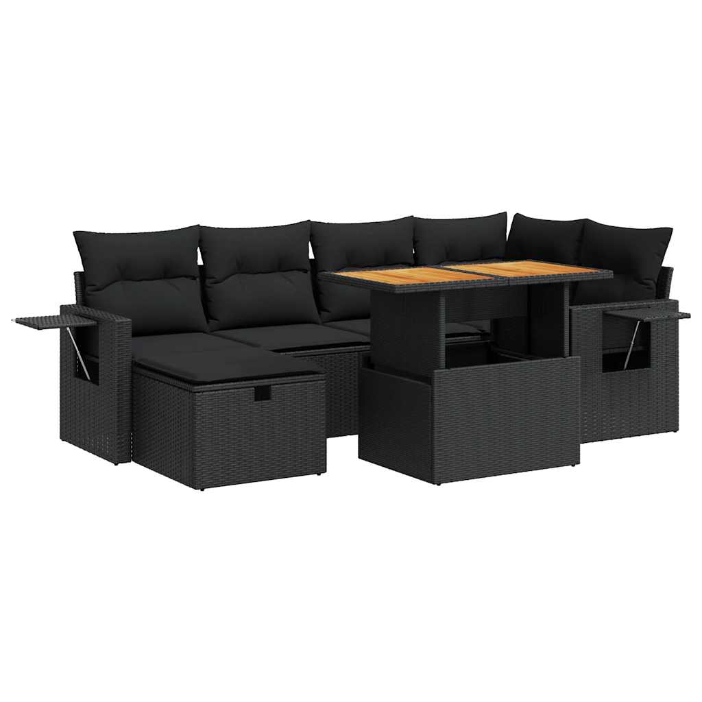 8 részes fekete polyrattan akácfa kerti ülőgarnitúra párnákkal