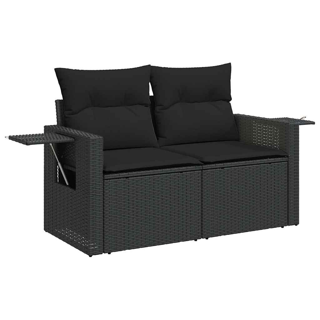 8 részes fekete polyrattan akácfa kerti ülőgarnitúra párnákkal