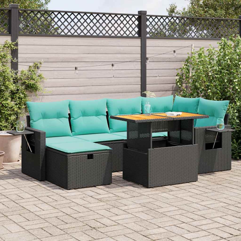 7 részes barna polyrattan akácfa kerti ülőgarnitúra párnákkal