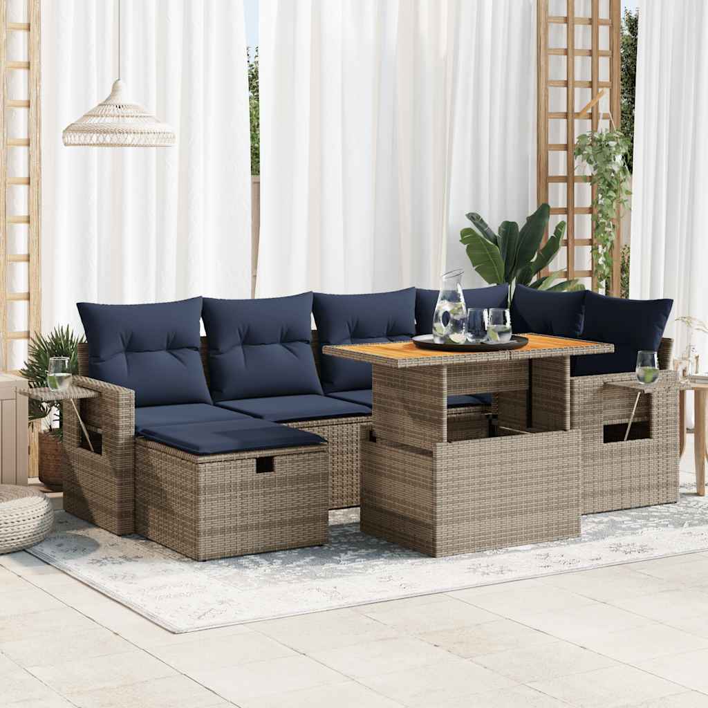 7 részes fekete polyrattan akácfa kerti ülőgarnitúra párnával