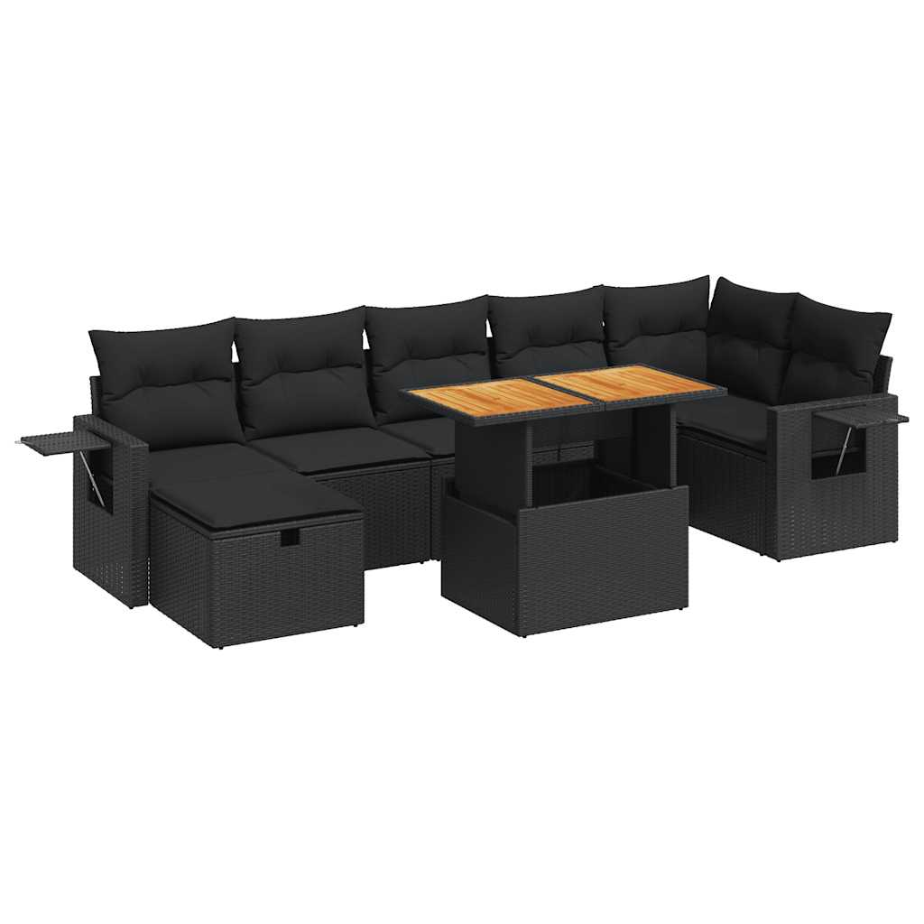 5 részes fekete polyrattan akácfa kerti kanapészett párnákkal
