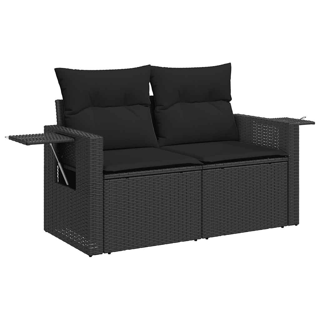5 részes fekete polyrattan akácfa kerti kanapészett párnákkal