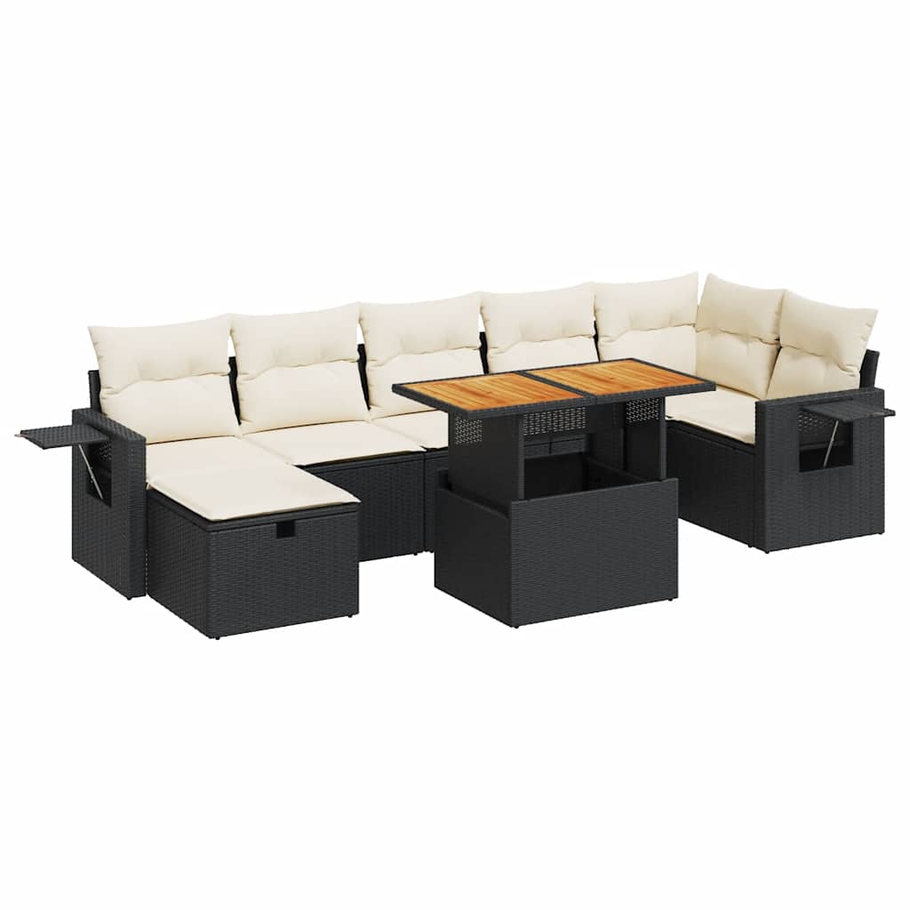 5 részes fekete polyrattan akácfa kerti kanapészett párnákkal