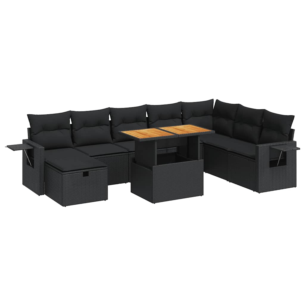 9 részes fekete polyrattan akácfa kerti ülőgarnitúra párnákkal