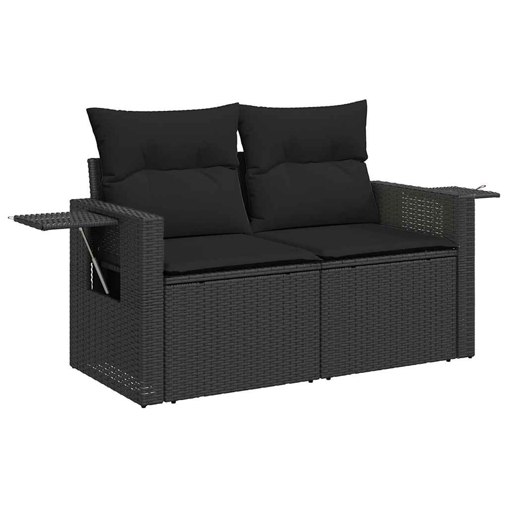 9 részes fekete polyrattan akácfa kerti ülőgarnitúra párnákkal