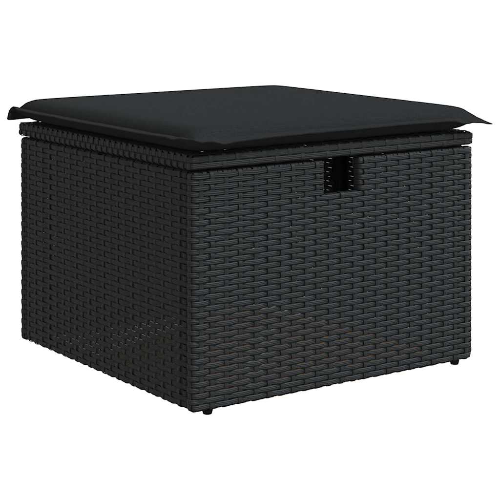 9 részes fekete polyrattan akácfa kerti ülőgarnitúra párnákkal