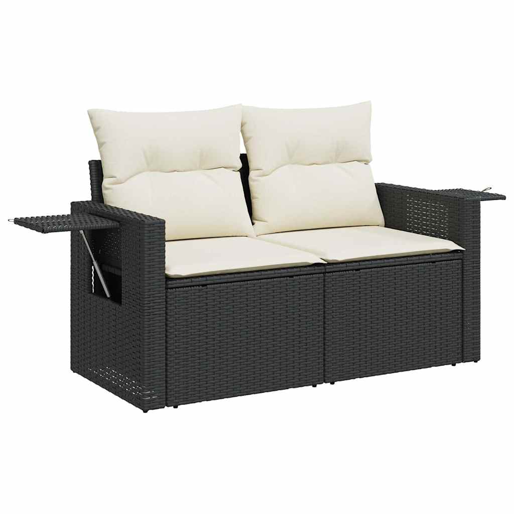 9 részes fekete polyrattan akácfa kerti ülőgarnitúra párnákkal