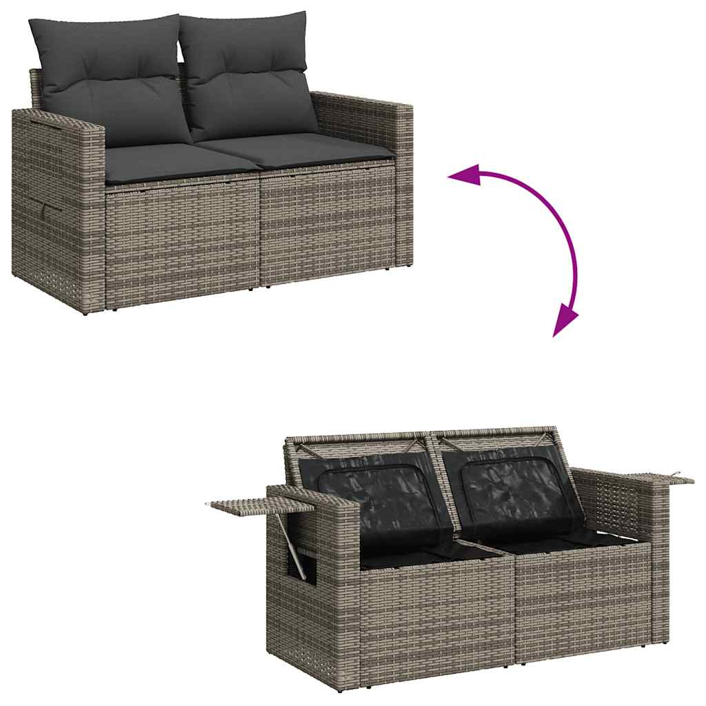 9 részes szürke polyrattan akácfa kerti ülőgarnitúra párnákkal