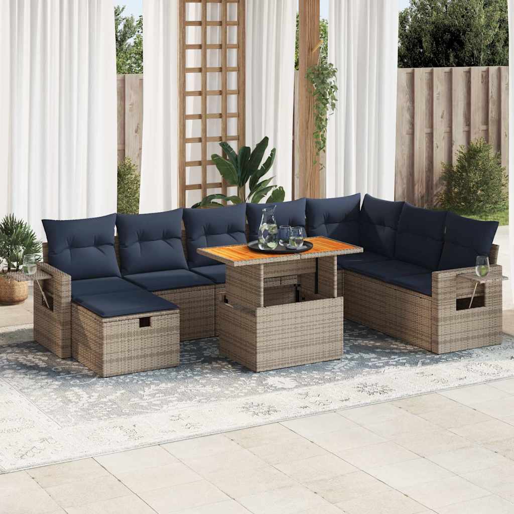 9 részes szürke polyrattan akácfa kerti ülőgarnitúra párnákkal