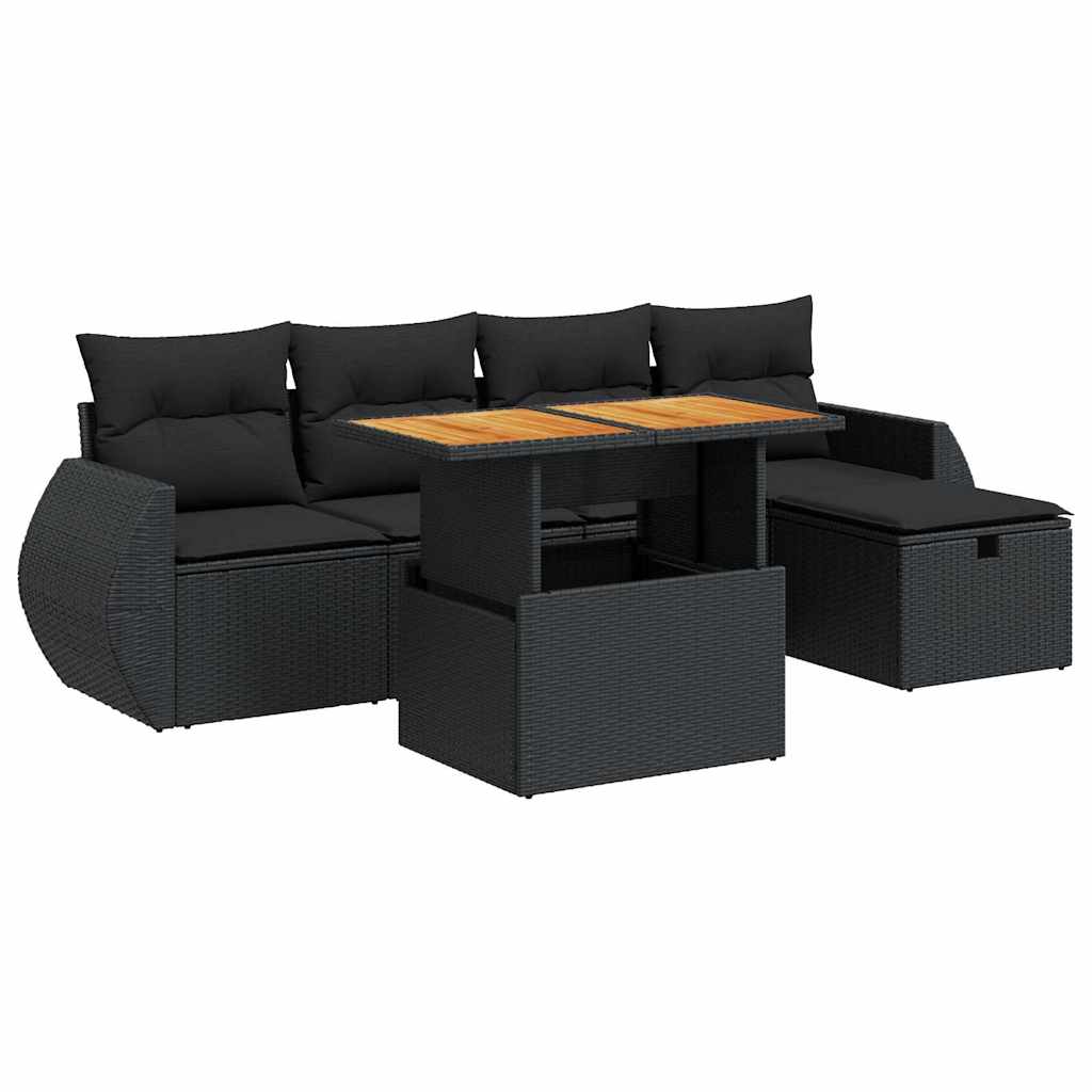 6 részes fekete polyrattan akácfa kerti ülőgarnitúra párnákkal