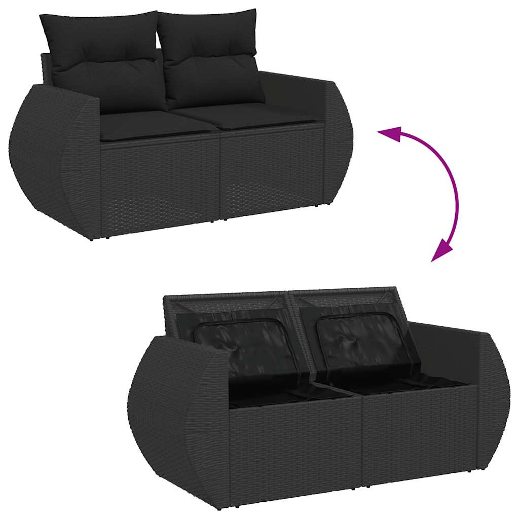 6 részes fekete polyrattan akácfa kerti ülőgarnitúra párnákkal