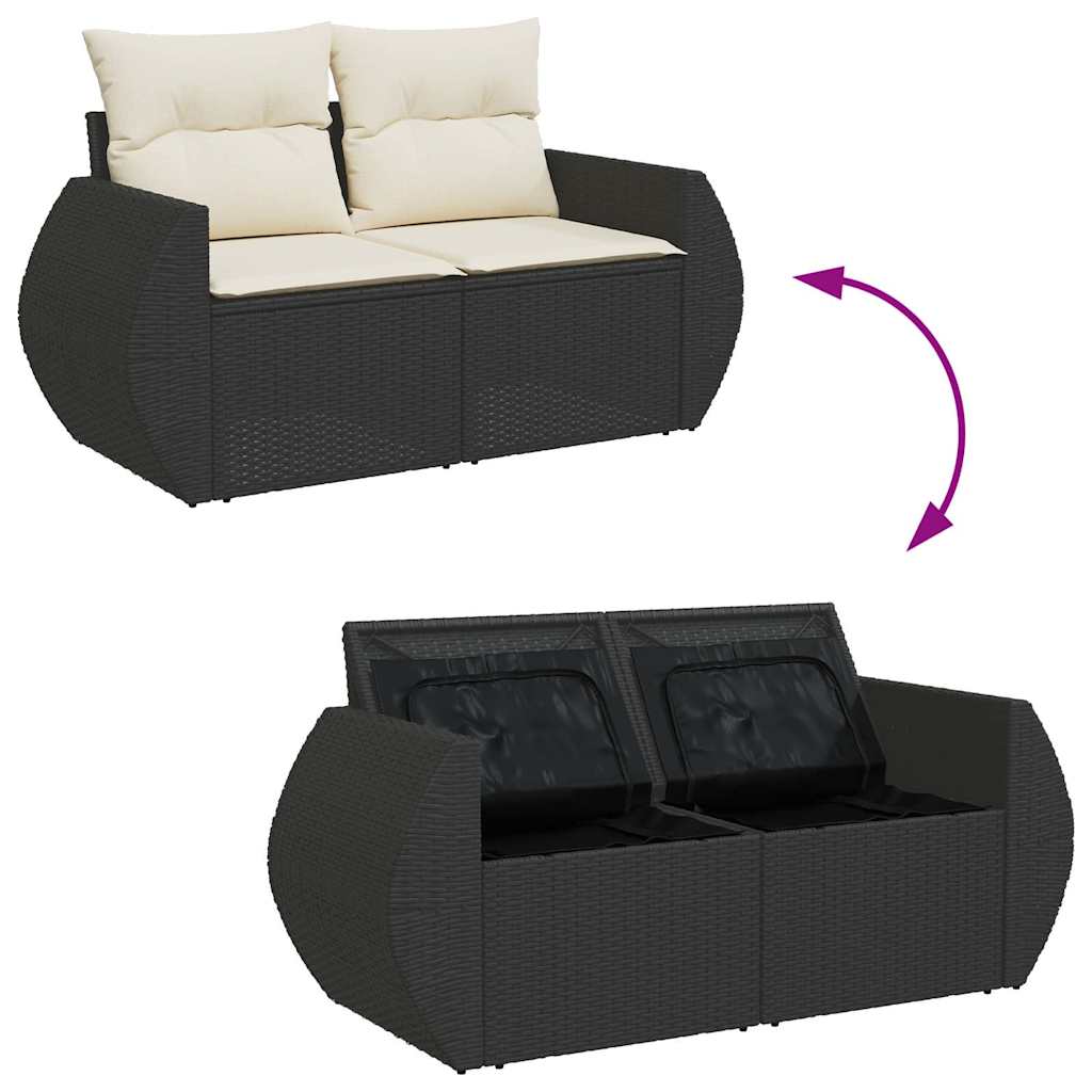 6 részes fekete polyrattan akácfa kerti ülőgarnitúra párnákkal