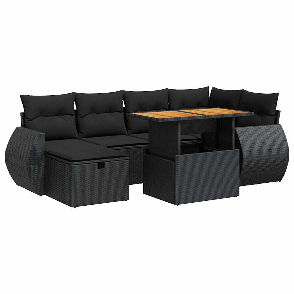 8 részes fekete polyrattan akácfa kerti ülőgarnitúra párnákkal