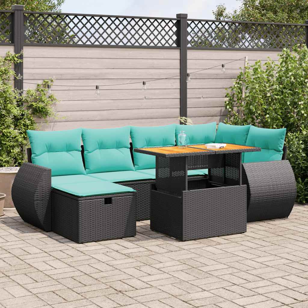 7 részes szürke polyrattan akácfa kerti ülőgarnitúra párnákkal