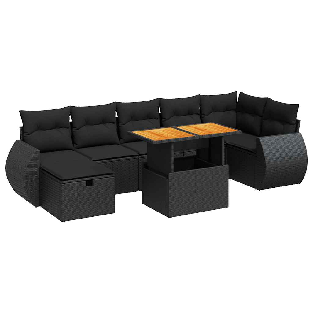 5 részes fekete polyrattan akácfa kerti kanapészett párnákkal