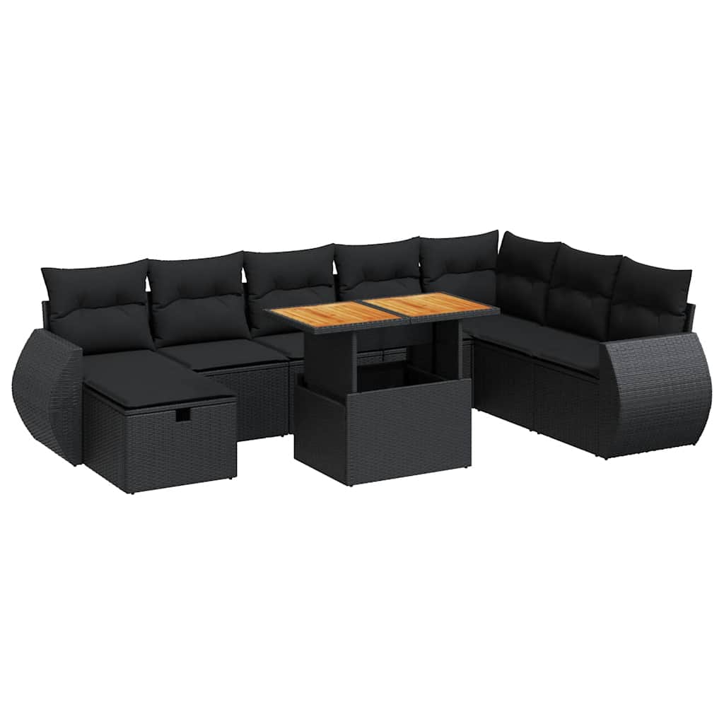 9 részes fekete polyrattan akácfa kerti ülőgarnitúra párnákkal