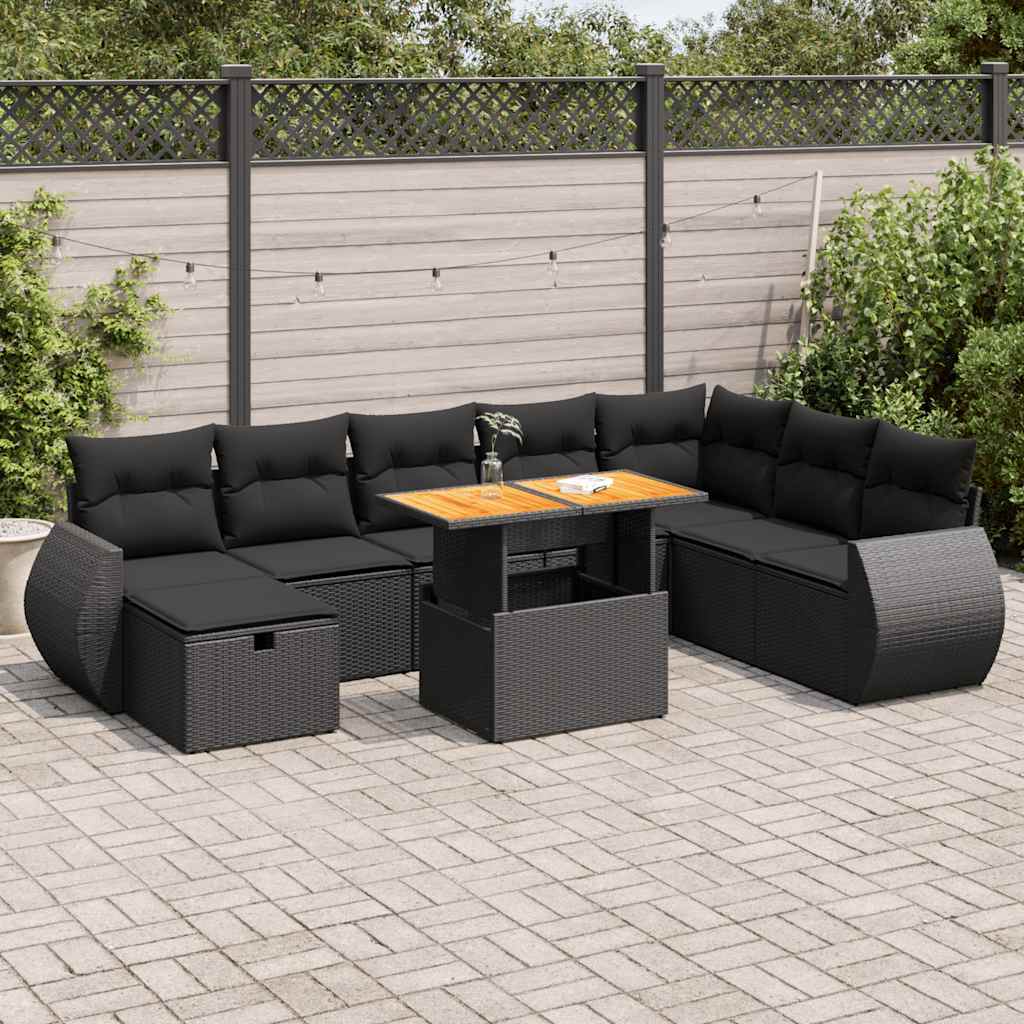 9 részes fekete polyrattan akácfa kerti ülőgarnitúra párnákkal
