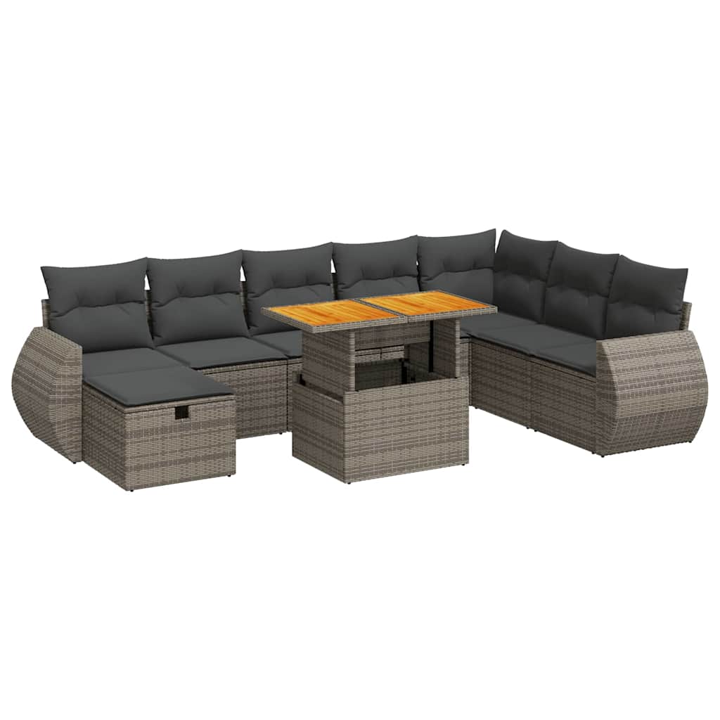 9 részes szürke polyrattan akácfa kerti ülőgarnitúra párnákkal