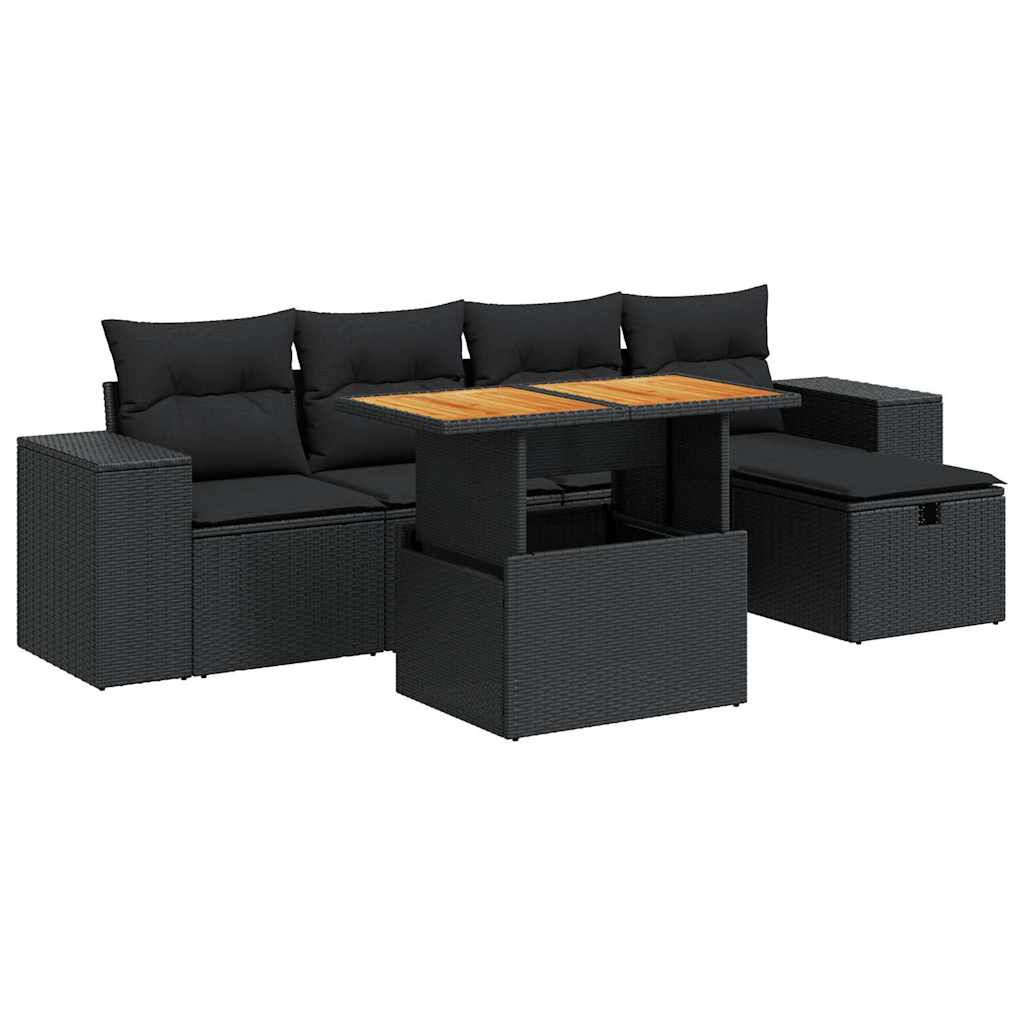 6 részes fekete polyrattan akácfa kerti ülőgarnitúra párnákkal