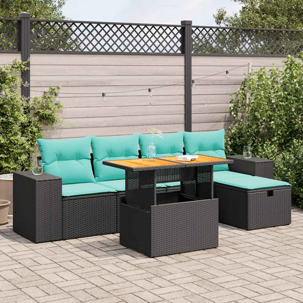 6 részes barna polyrattan akácfa kerti ülőgarnitúra párnával