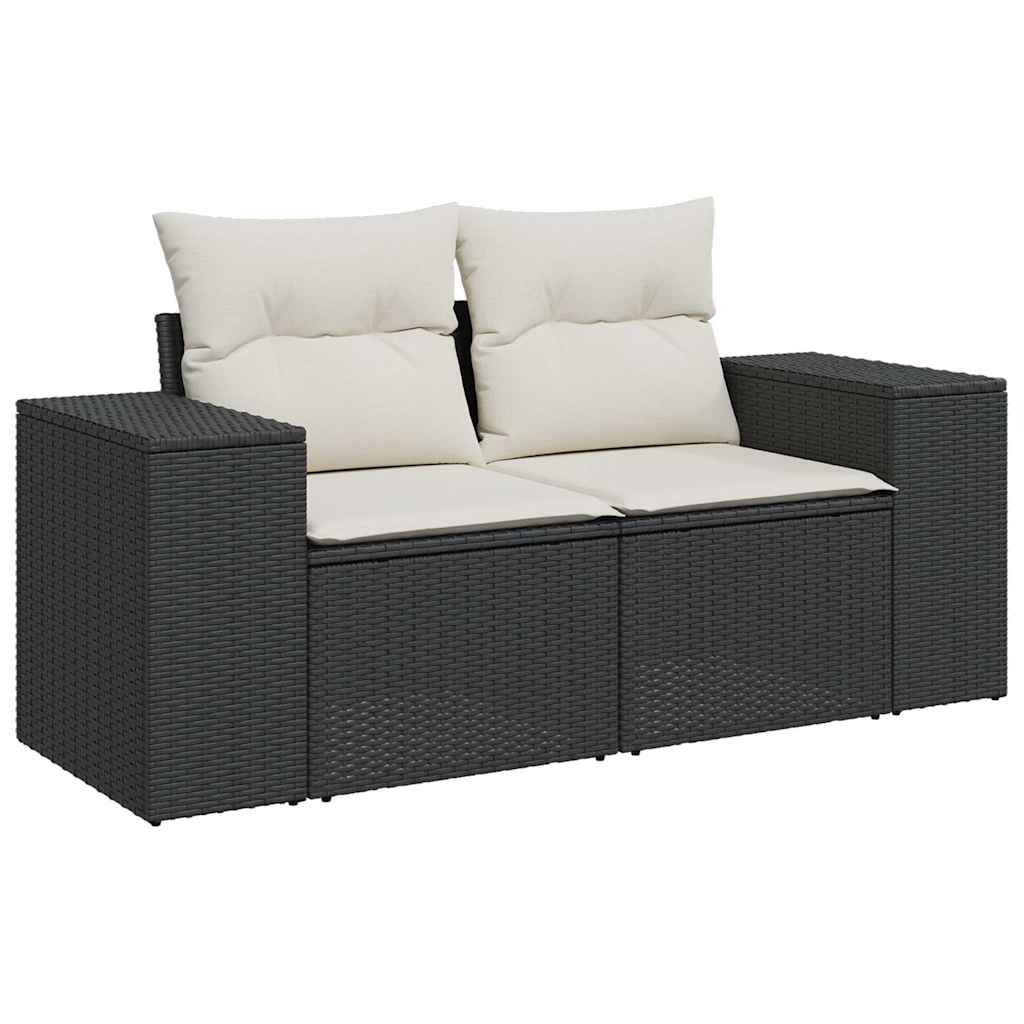 8 részes fekete polyrattan akácfa kerti ülőgarnitúra párnákkal