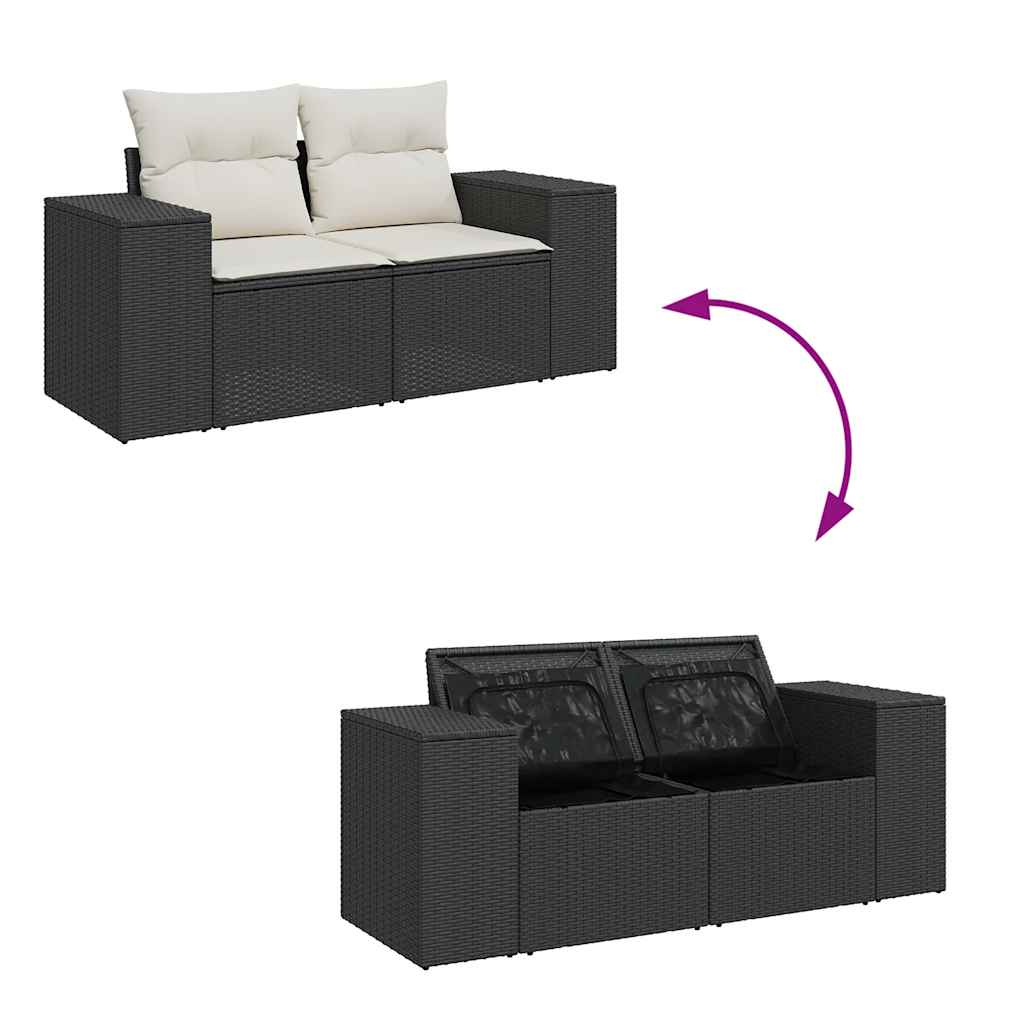 8 részes fekete polyrattan akácfa kerti ülőgarnitúra párnákkal