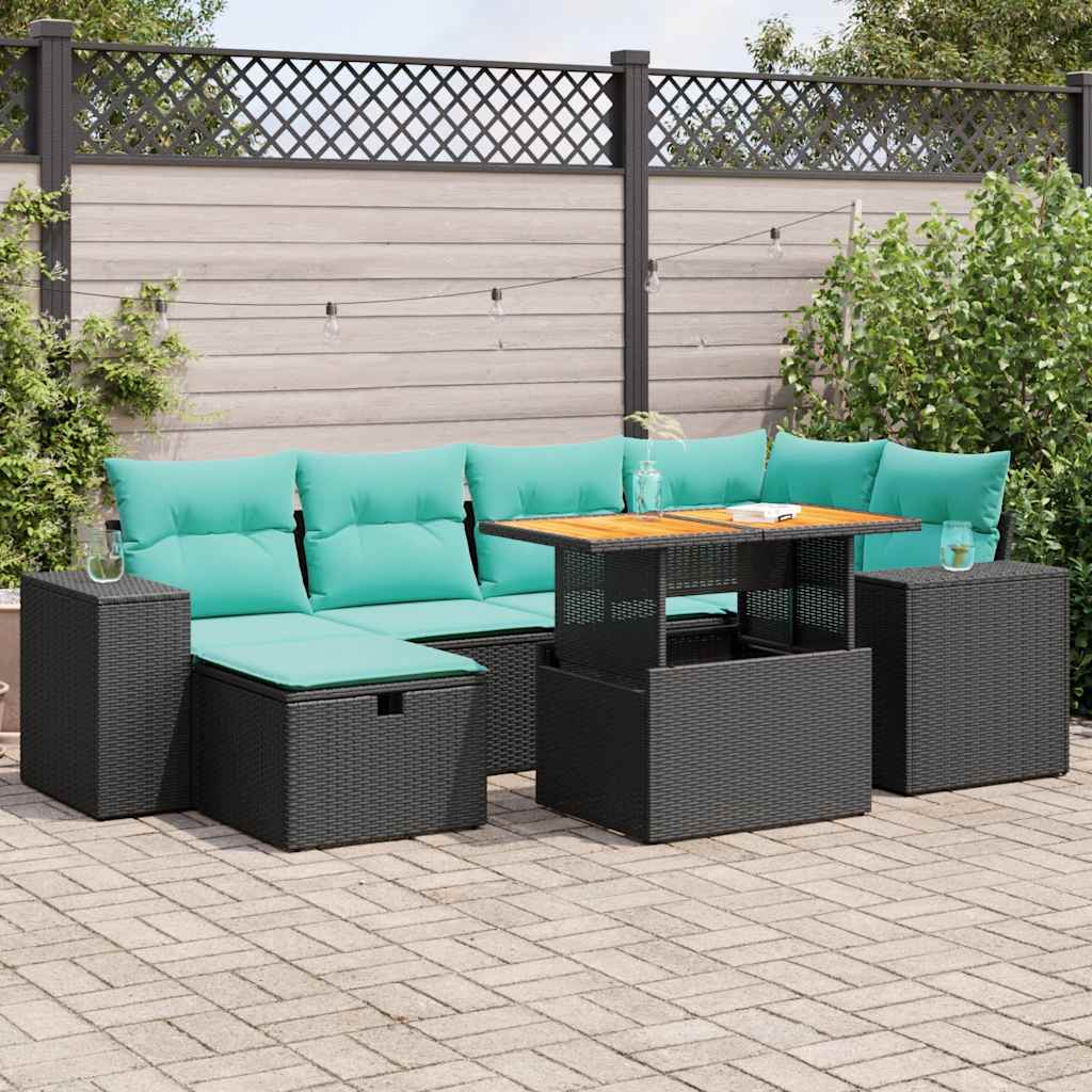 7 részes szürke polyrattan akácfa kerti ülőgarnitúra párnákkal