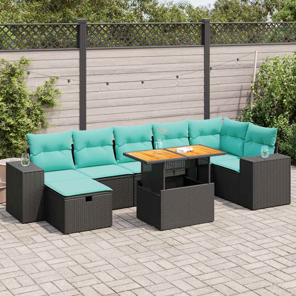 8 részes szürke polyrattan akácfa kerti ülőgarnitúra párnákkal