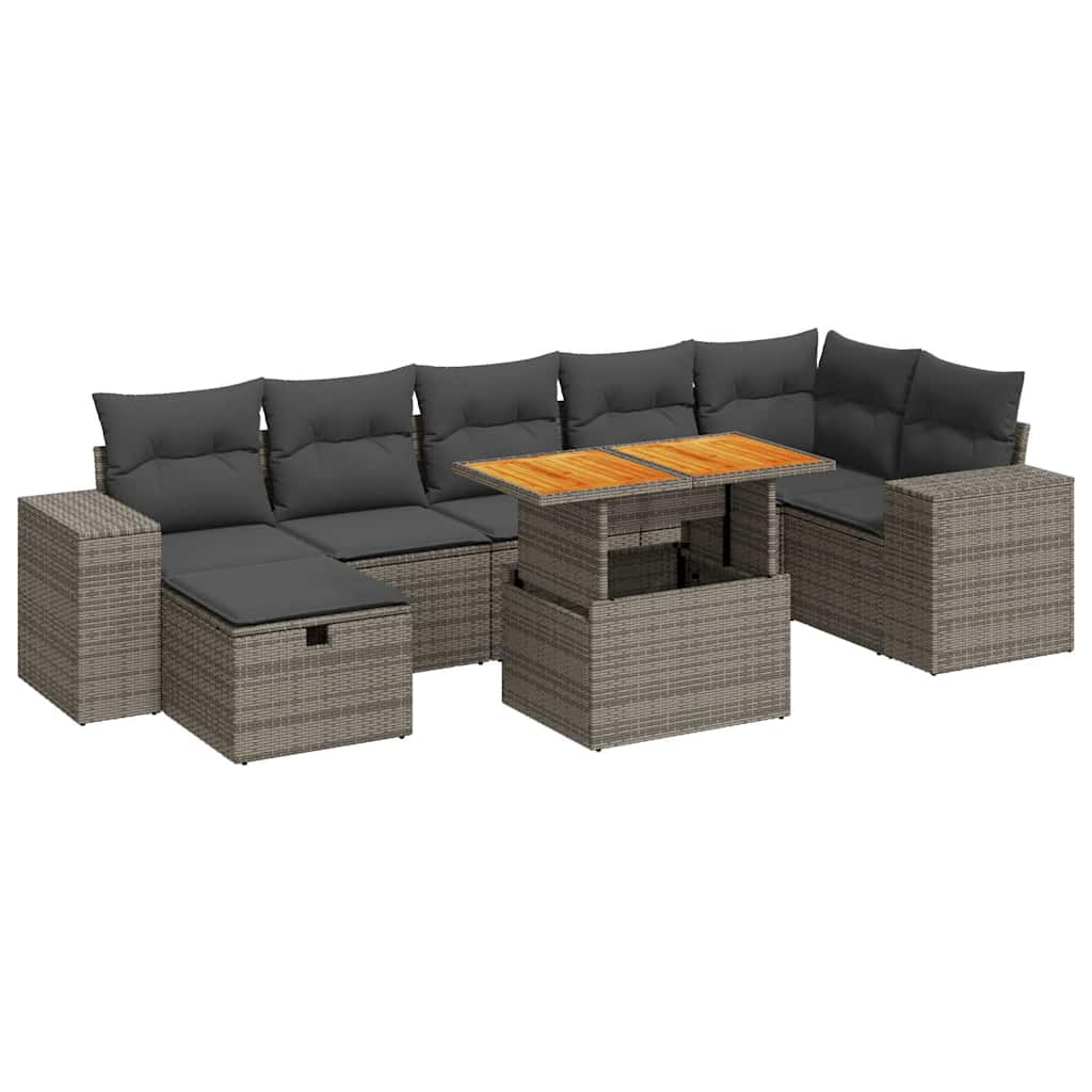 5 részes szürke polyrattan akácfa kerti ülőgarnitúra párnákkal