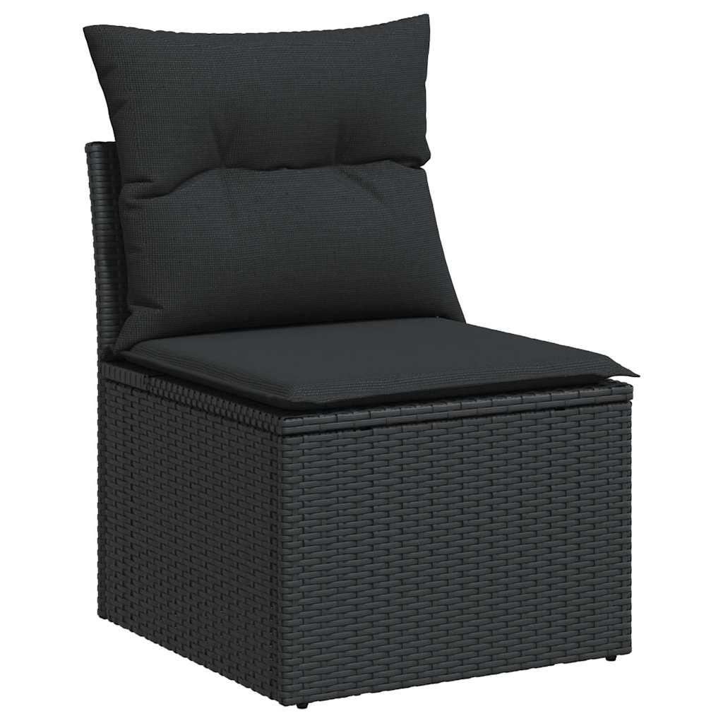 9 részes fekete polyrattan akácfa kerti ülőgarnitúra párnákkal
