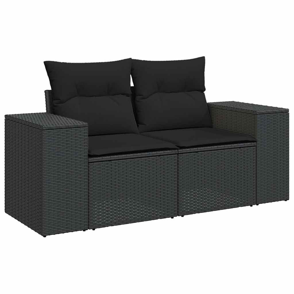 9 részes fekete polyrattan akácfa kerti ülőgarnitúra párnákkal