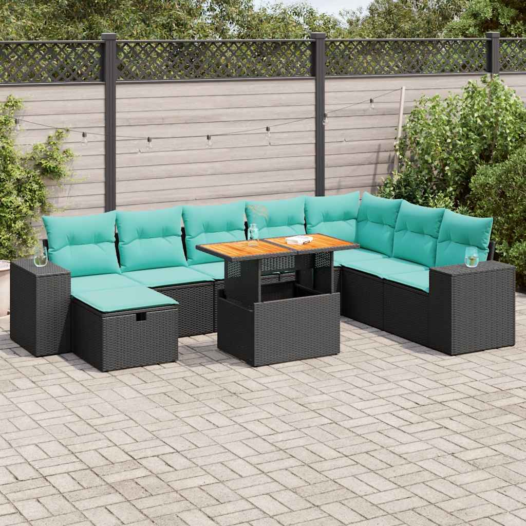 9 részes fekete polyrattan akácfa kerti ülőgarnitúra párnákkal