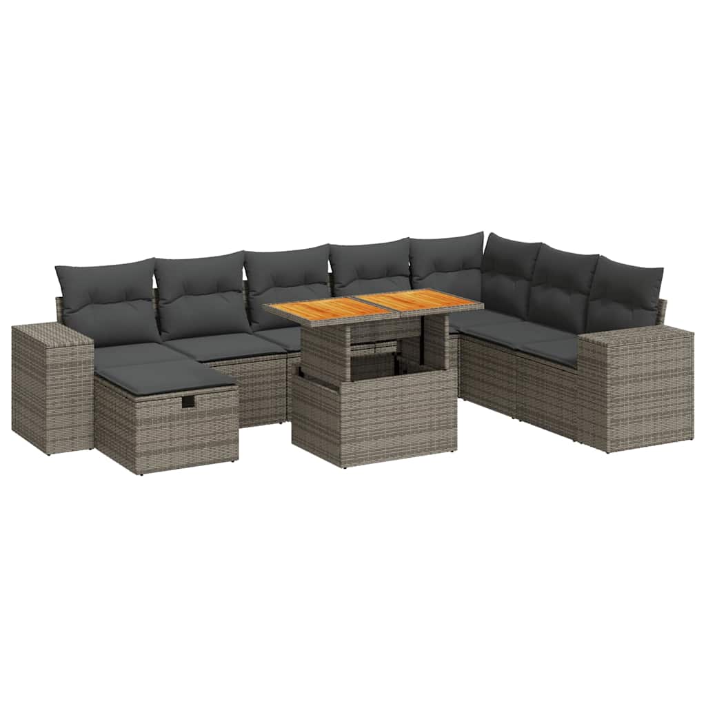 9 részes szürke polyrattan akácfa kerti ülőgarnitúra párnákkal