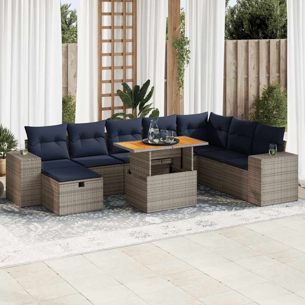 9 részes szürke polyrattan akácfa kerti ülőgarnitúra párnákkal