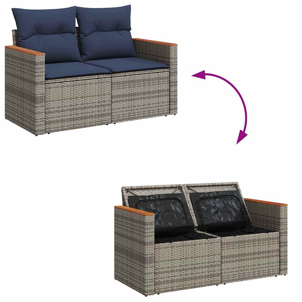 6 részes szürke polyrattan akácfa kerti ülőgarnitúra párnákkal