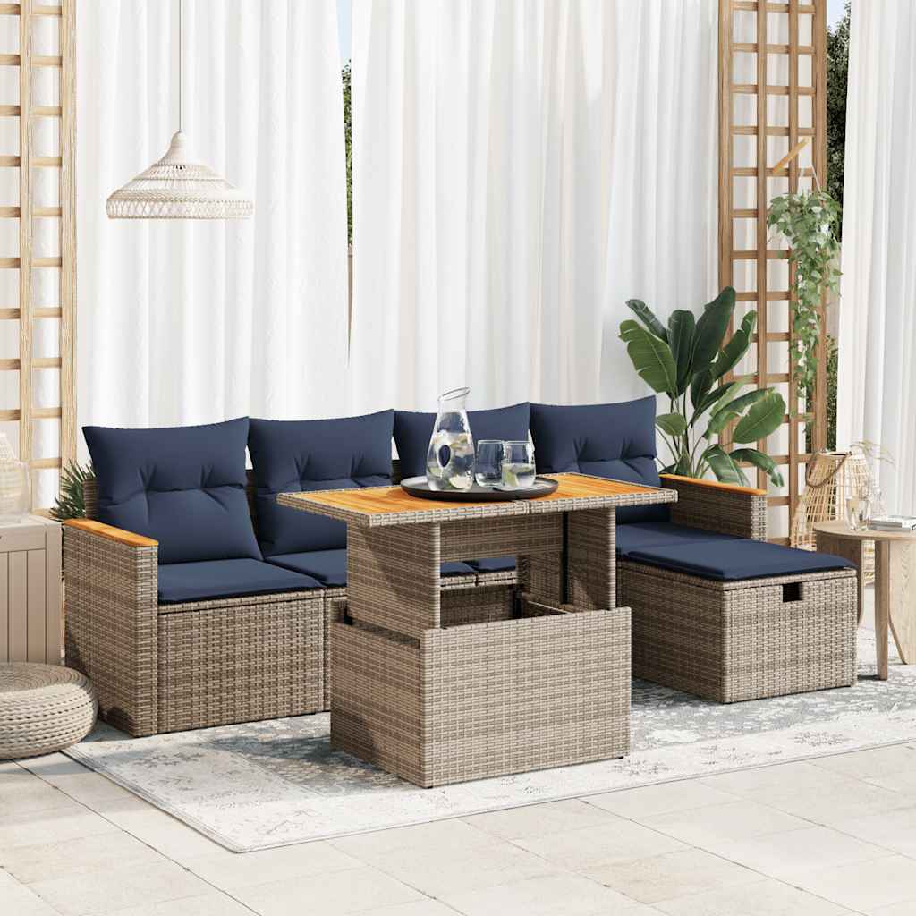 6 részes szürke polyrattan akácfa kerti ülőgarnitúra párnákkal