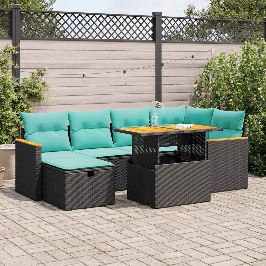 7 részes barna polyrattan akácfa kerti ülőgarnitúra párnákkal