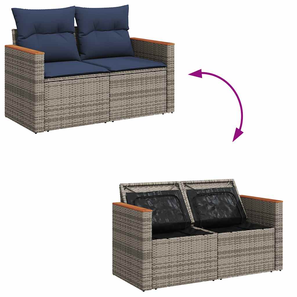 7 részes szürke polyrattan akácfa kerti ülőgarnitúra párnával