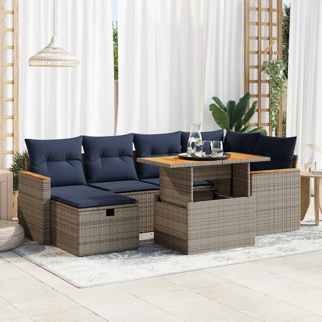 7 részes szürke polyrattan akácfa kerti ülőgarnitúra párnával