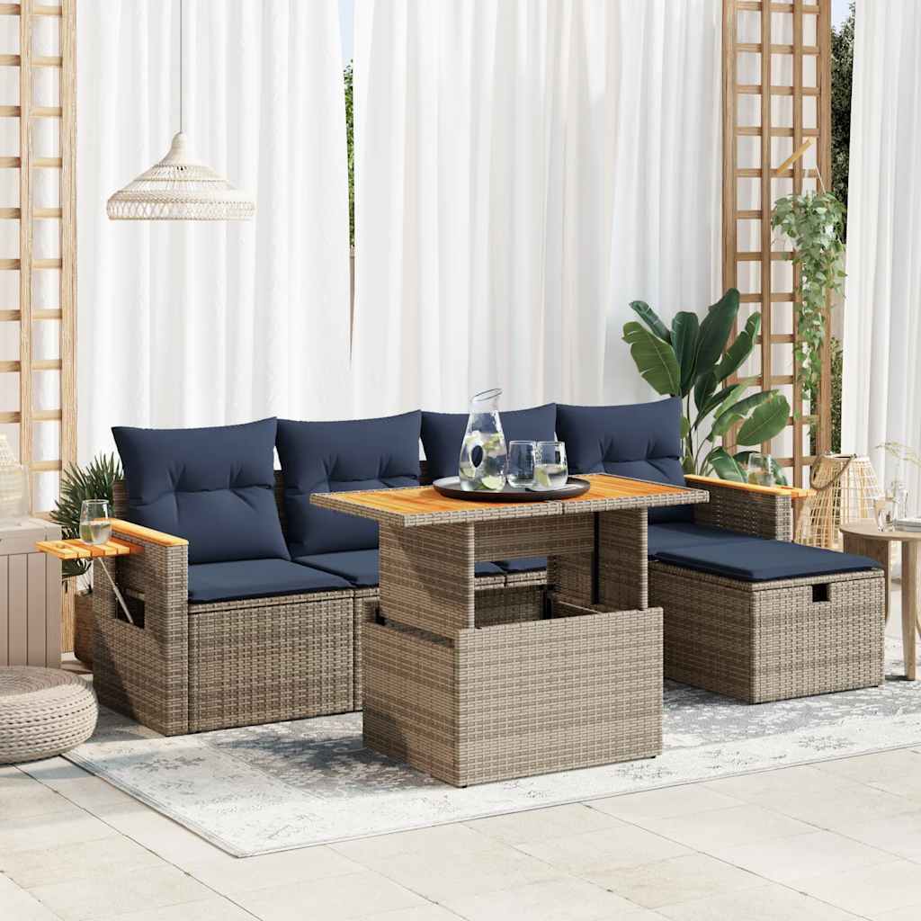 6 részes szürke polyrattan akácfa kerti ülőgarnitúra párnákkal