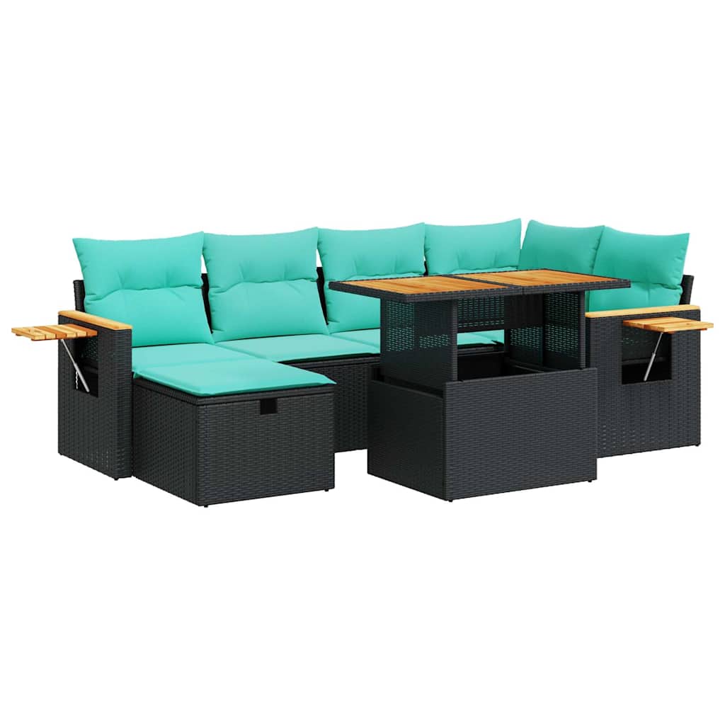 7 részes barna polyrattan akácfa kerti ülőgarnitúra párnákkal