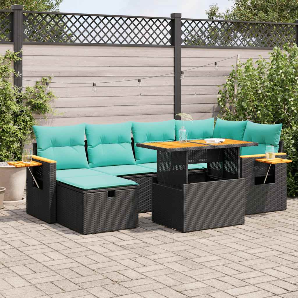 7 részes barna polyrattan akácfa kerti ülőgarnitúra párnákkal